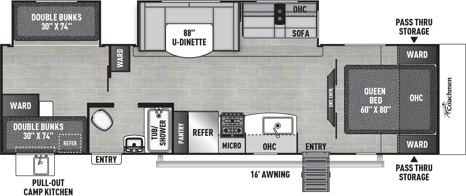 The 31SE has two slideouts and two entries. Exterior features front pass-thru storage, 16 foot awning, and pull-out camp kitchen. Interior layout front to back: foot-facing queen bed with overhead cabinet and wardrobes on each side; island entertainment center; off-door side slideout with sofa, overhead cabinet, and u-dinette, and a wardrobe; door side entry, kitchen counter with sink, overhead cabinet, microwave, cooktop, refrigerator and pantry; door side full bathroom with second entry; rear bunk room with off-door side double bunk slideout, and door side wardrobe and double bunks.